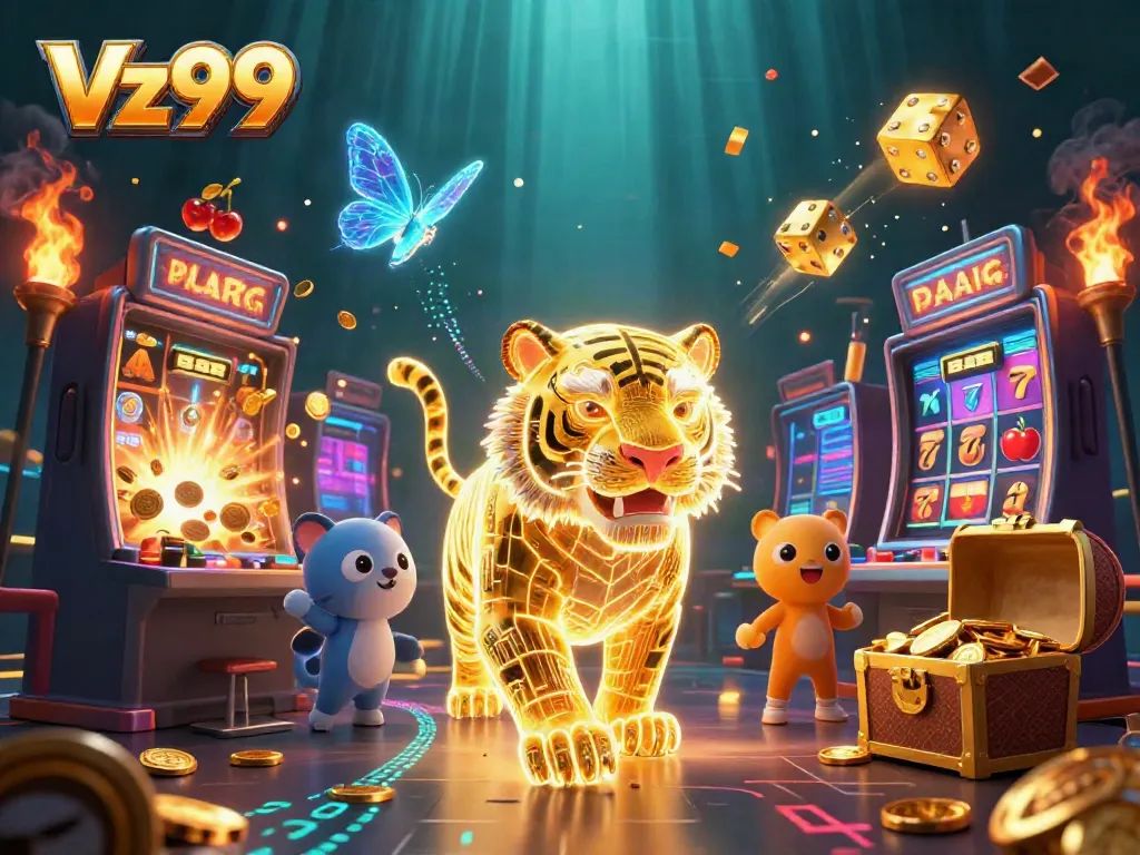 Experience excitement with Vz99's vibrant digital casino landscape featuring a golden tiger and slot machine.