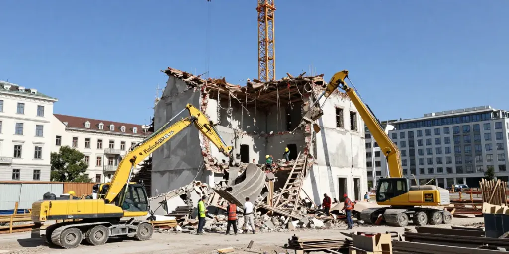 Professionelle Abrissarbeiten in Wien mit Bauarbeitern und Kranen im Einsatz.