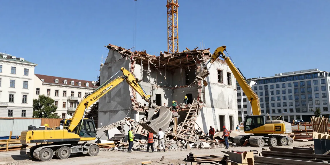 Professionelle Abrissarbeiten in Wien mit Bauarbeitern und Kranen im Einsatz.