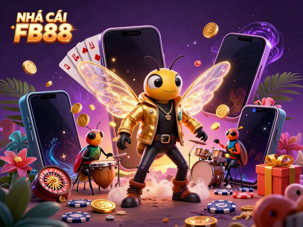 Engage with NHÀ CÁI FB88 through a vibrant 3D casino scene showcasing a rock star cicada and gaming elements.
