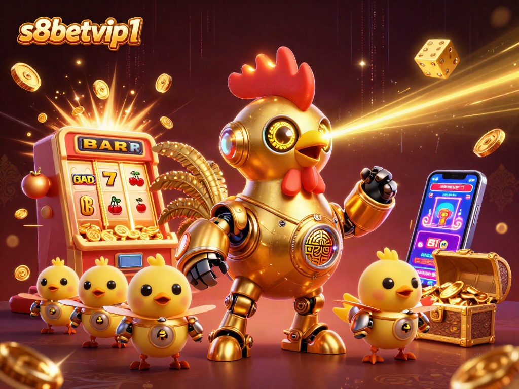 S8betvip1's vibrant 3D casino scene showcases a golden rooster robot amidst slot machines and rich symbols.