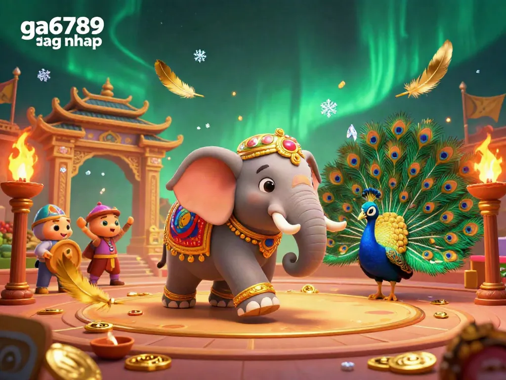 Engage with the dynamic ga6789 dang nhap fighting arena featuring a colorful elephant and peacock amidst gambling elements.