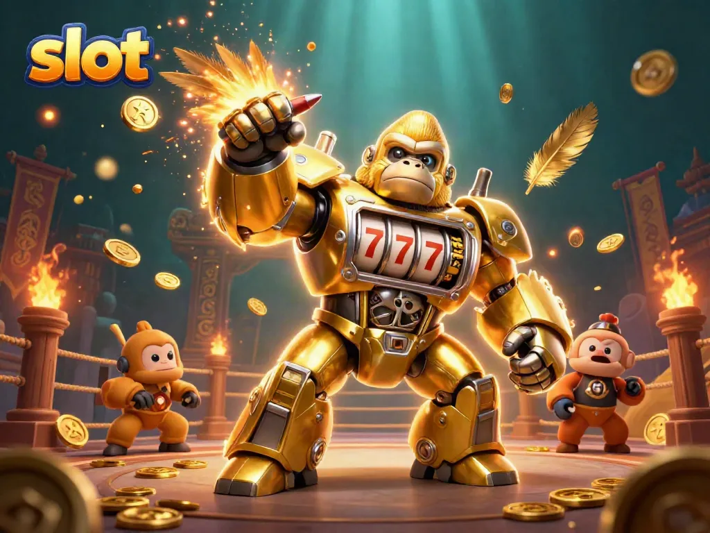 Experience thrilling slot action with a striking golden gorilla mech amid a dynamic casino scene.