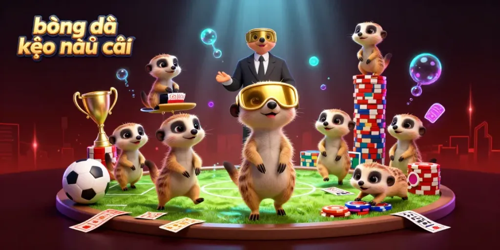 Engage in bóng đá kèo nhà cái with a dynamic scene of meerkats running a vibrant casino.