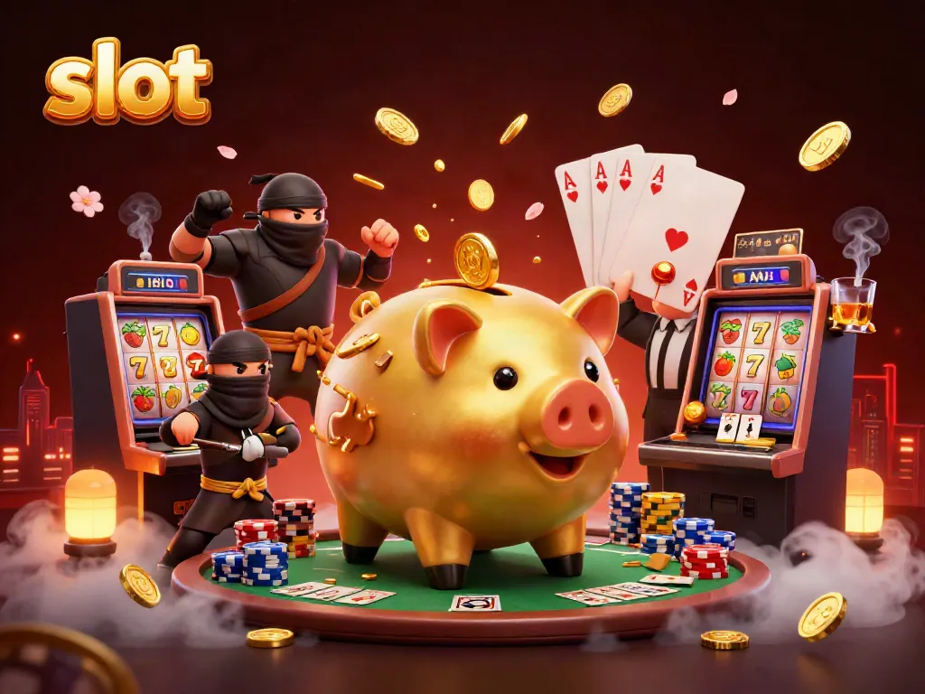 Engaging slot gaming illustration featuring a golden piggy bank sumo wrestler and a wallet ninja amidst colorful slot machines.