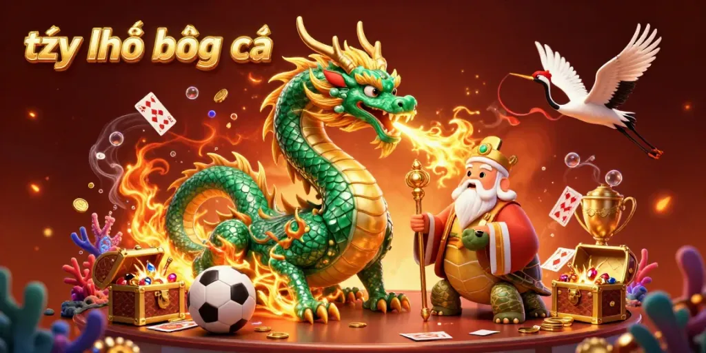 Experience the thrilling tỷ lệ bóng đá scene with unique casino elements featuring a jade dragon, turtle sage, and cranes.