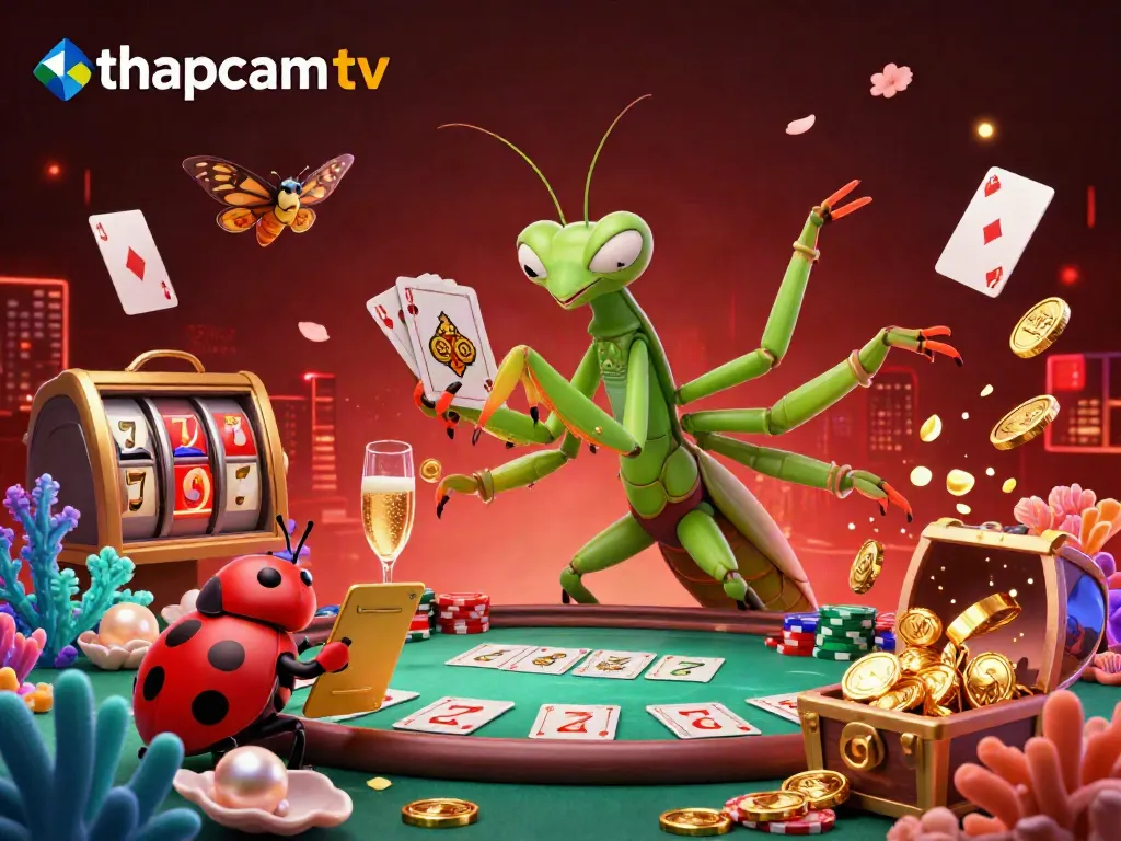 Experience thrilling moments with thapcamtv as a giant praying mantis card sharp deals cards and celebrates in a vibrant casino.