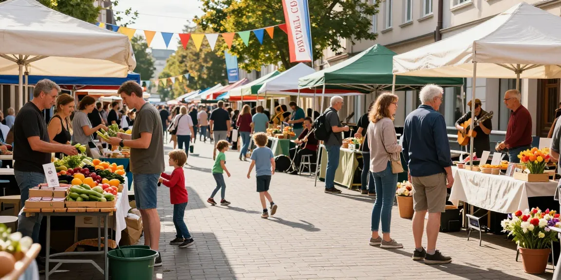 Vibrant community scene in Bochum market with locals shopping and enjoying live music, highlighting newsbochum's culture.