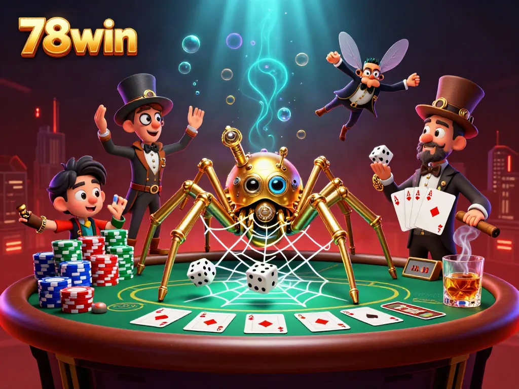 Catch your luck with 78win's captivating steampunk-themed poker scene, showcasing vibrant casino elements.