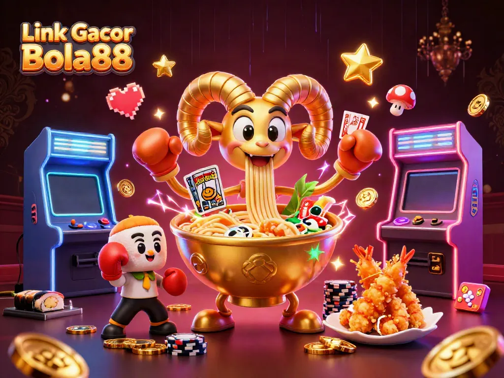 Win big with Link Gacor Bola88 in this vibrant casino-themed illustration featuring playful characters.