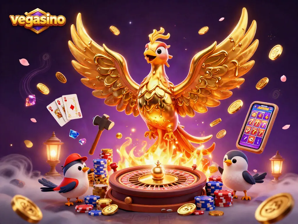 Play exciting games at vegasino with the golden phoenix and stunning casino elements.