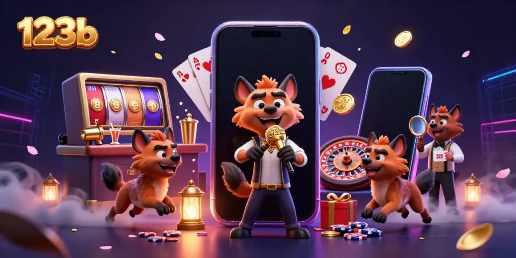 Hyenas at comedy casino club entertain with drinks, slots, and fun elements in vibrant scene showcasing 123b.