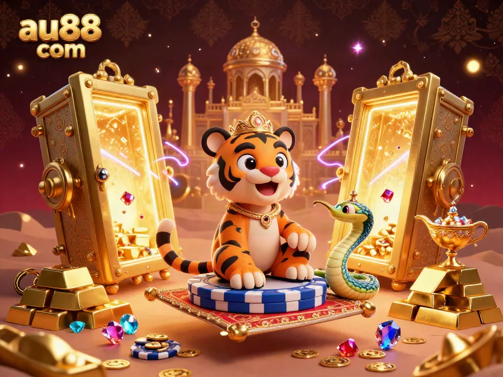 Engage with the excitement of AU88 com as a tiger sultan and genie snake reveal treasures in a vibrant 3D casino scene.