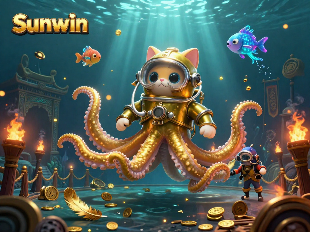 Engage with Sunwin's thrilling betting world featuring a cartoon kraken and diving cat.
