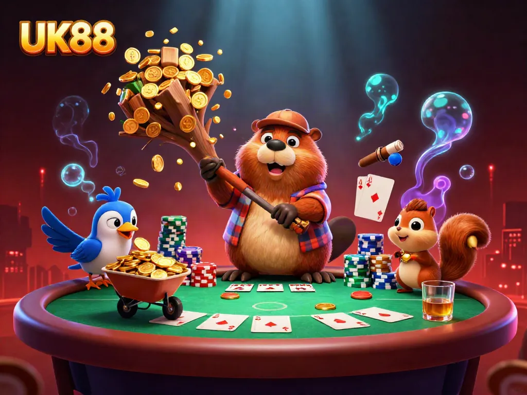 Engaging UK88 illustration featuring a playful beaver and companions celebrating a winning poker scene with golden coins.