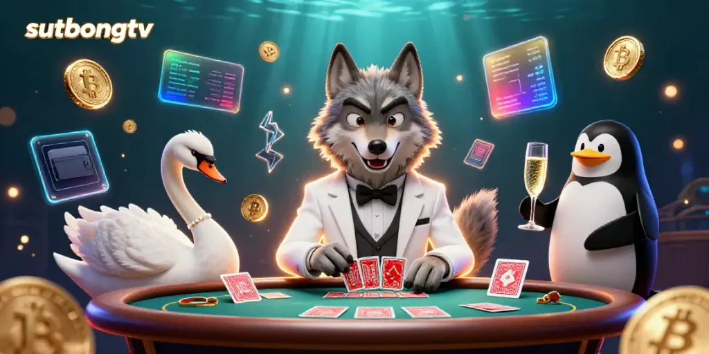 Experience thrilling gameplay at sutbongtv with a cartoon wolf, swan dealer, and penguin sommelier in a vibrant casino scene.