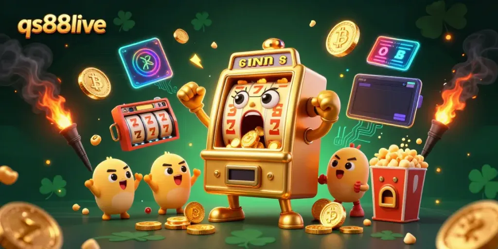 Spin the reels and win with qs88live’s golden slot machine celebrating a jackpot, abundant with coins and excitement.