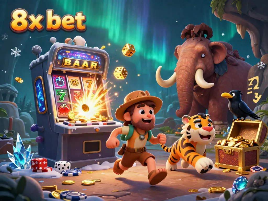 Experience thrilling spins at 8x bet with vibrant characters in a lively prehistoric casino.