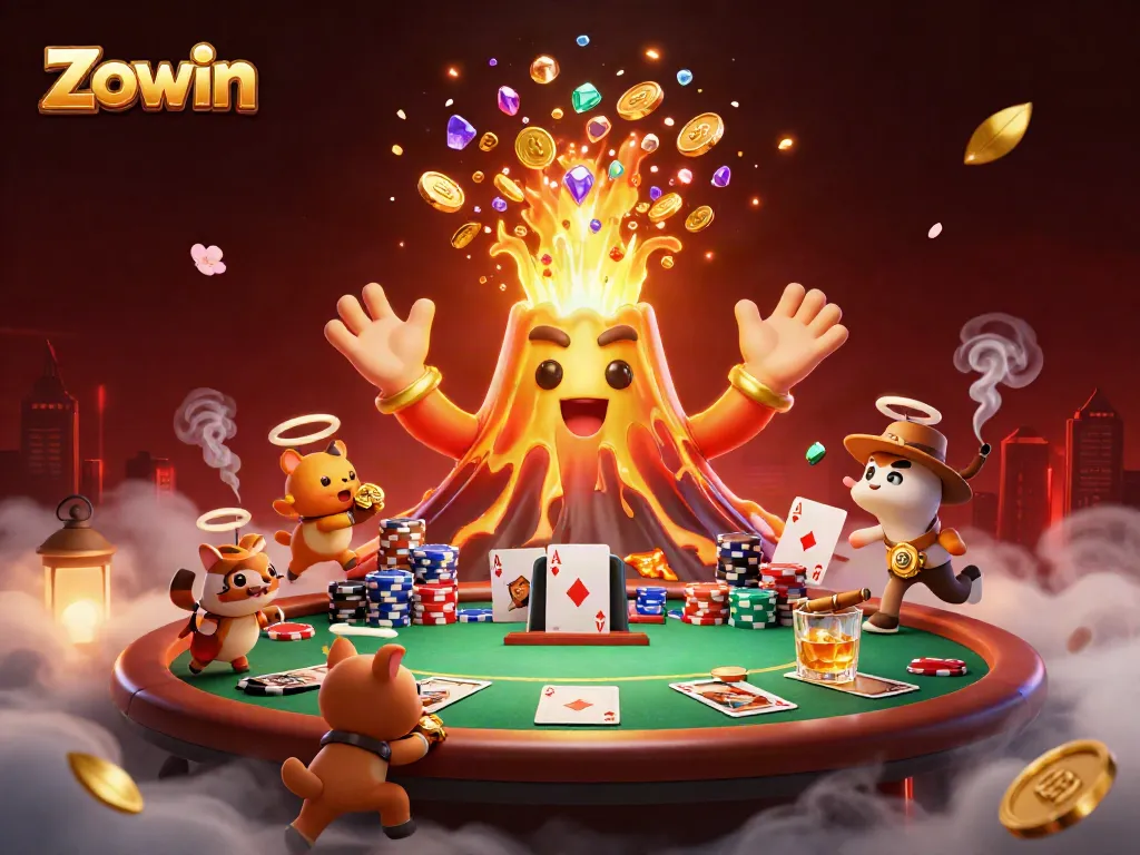 Zowin players enjoying a vibrant casino scene with a golden volcano and treasure-filled adventure.