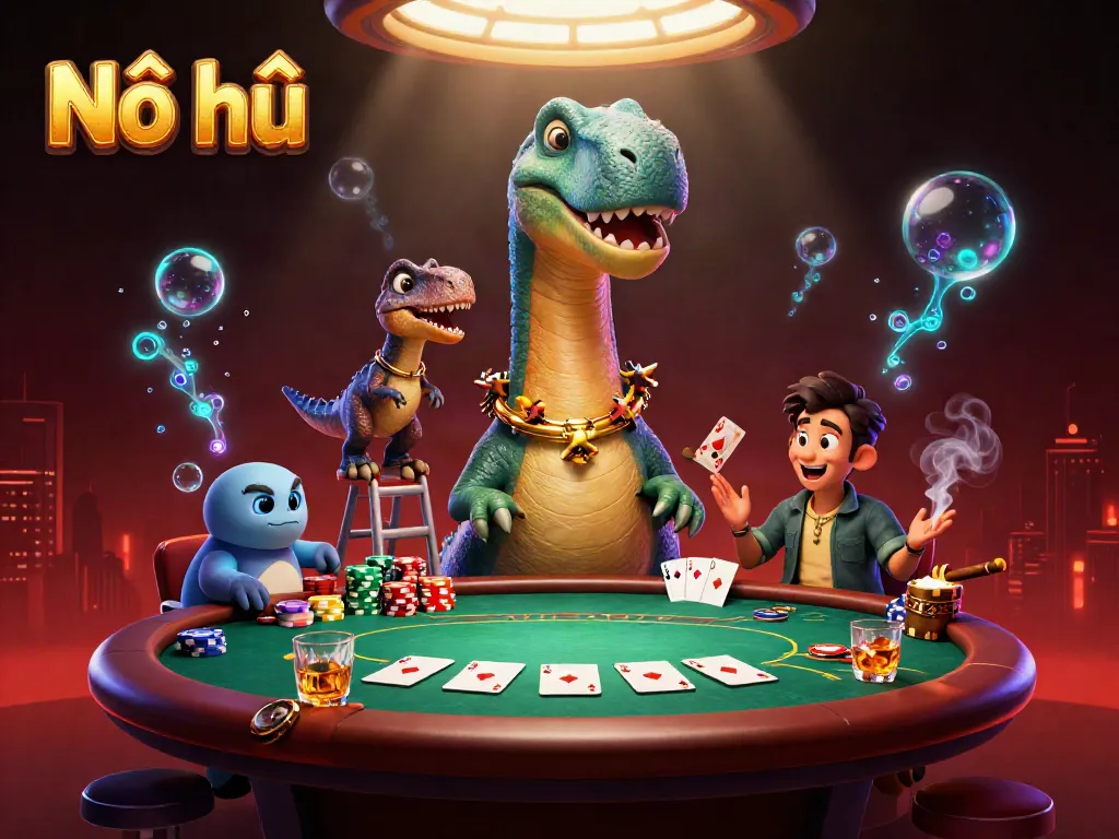 Nổ hũ game highlights with a whimsical dinosaur dealer and vibrant poker scene for online gamblers