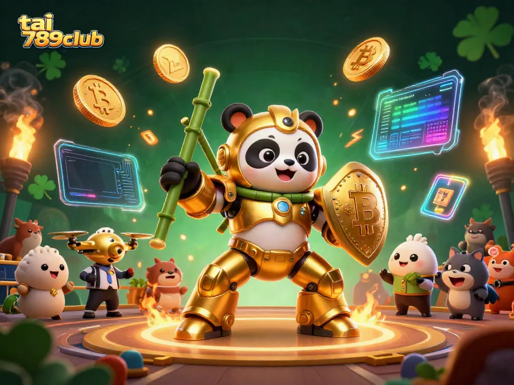 Experience excitement at tai 789club with the dynamic panda mech combat scene featuring cryptocurrency elements.