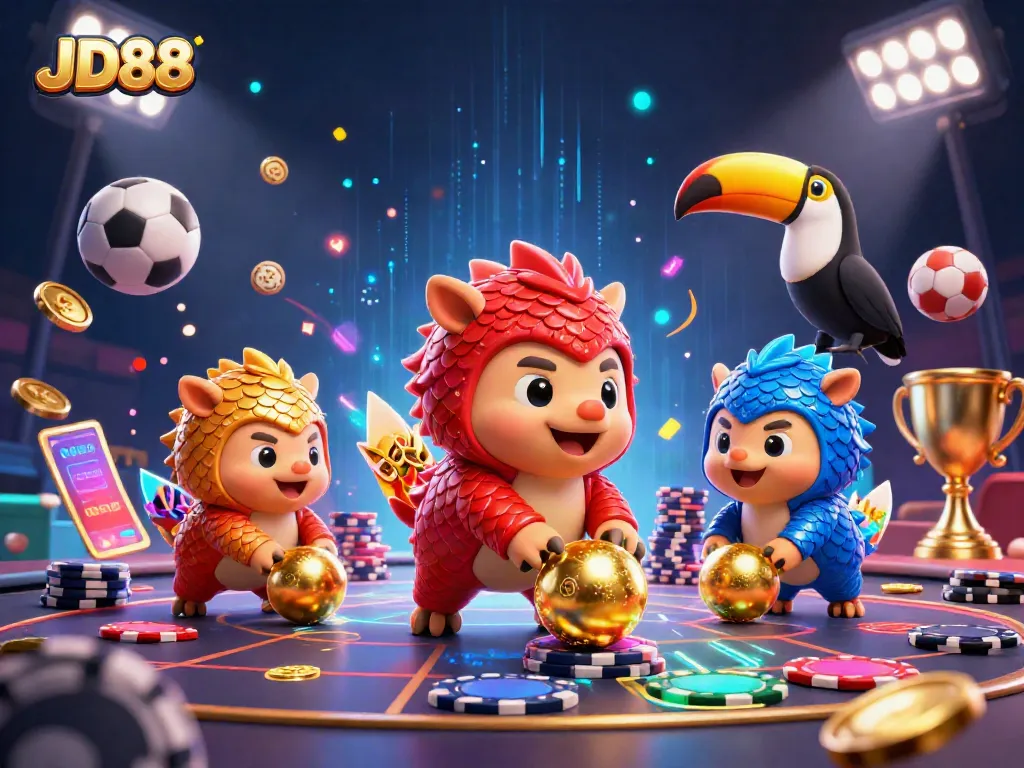 JD88 pangolins rolling golden balls in a dynamic 3D casino scene filled with excitement.