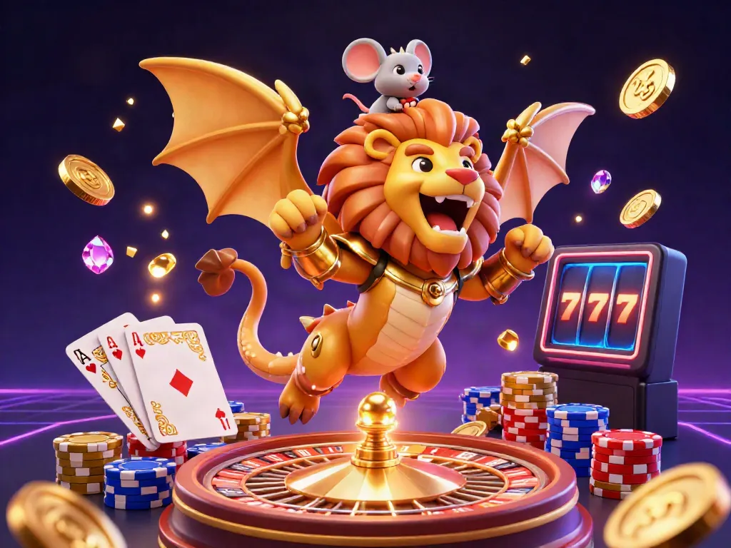 Max88 showcases a triumphant chimera and mouse jockey, amidst flying coins and glowing roulette wheel.
