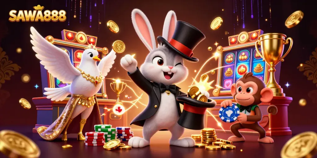 Watch SAWA888’s magician rabbit enchant with golden coins while a dove and monkey add fun.