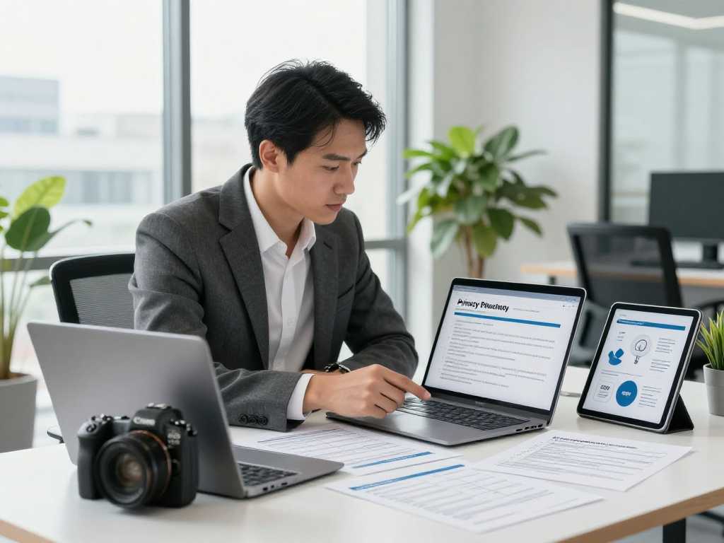 Startseite für Datenschutzexperten, die Lösungen in einem modernen Büro präsentieren.