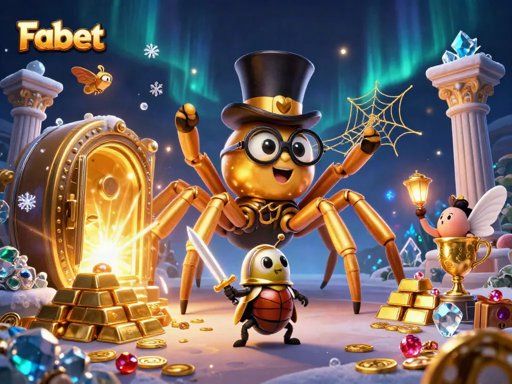 Fabet hosts a vibrant 3D scene of a golden tarantula weaving a web of fortune amidst dynamic casino elements.