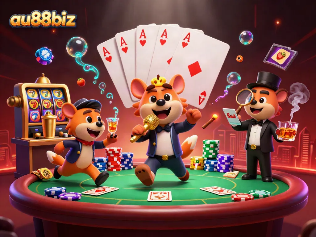 Enter the lively world of au88biz with vibrant hyenas at a comedy casino club.