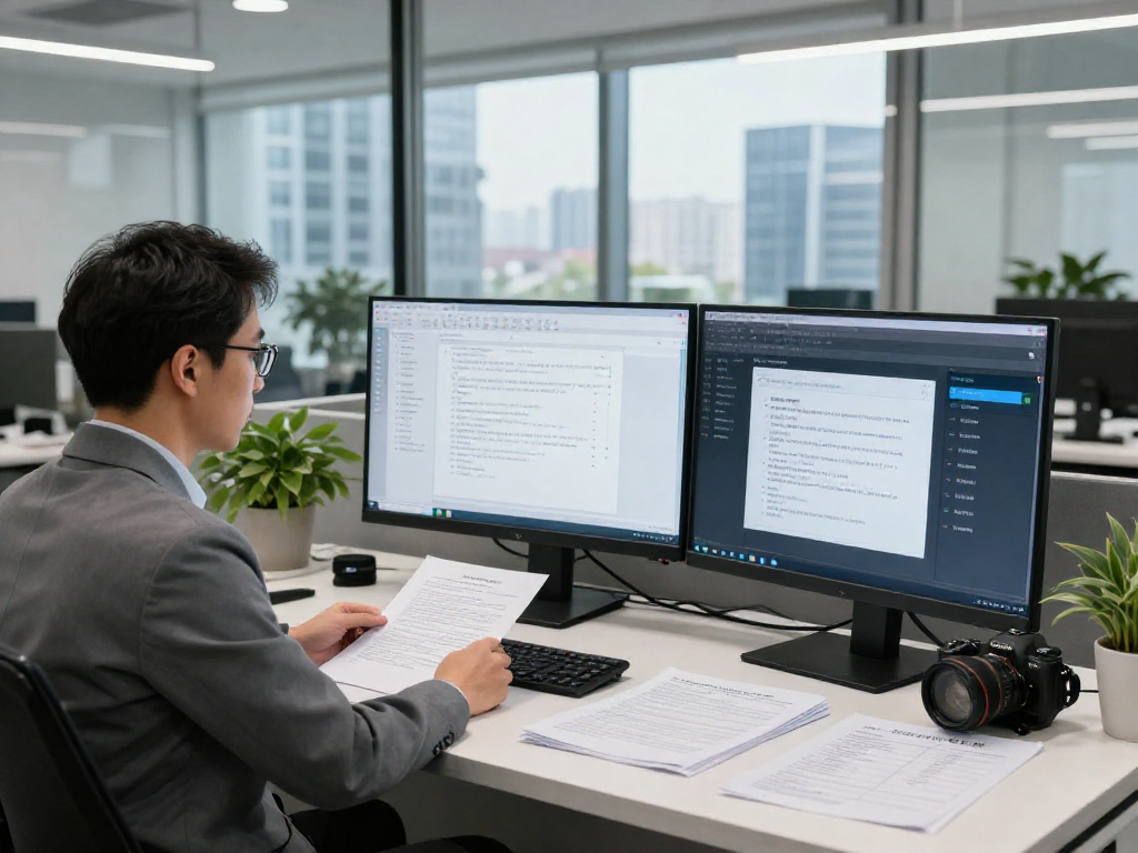 Document fraud detection analysis in a high-tech office, showcasing compliance process.
