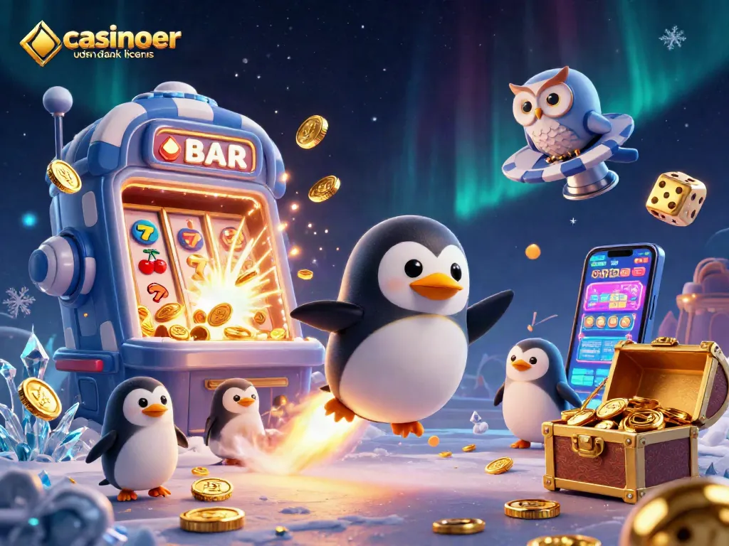 Engage with casinoer uden dansk licens through a vibrant scene with penguins and dynamic gambling elements.