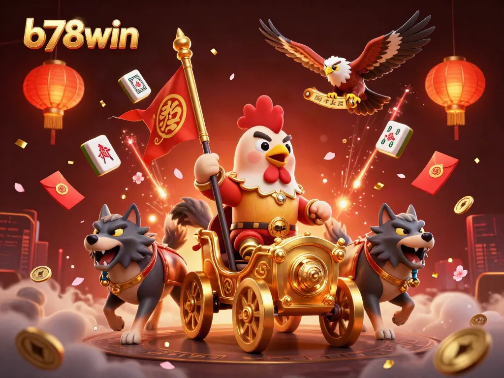 Engage in thrilling gameplay at b78win with a legendary rooster warlord leading fierce wolves.