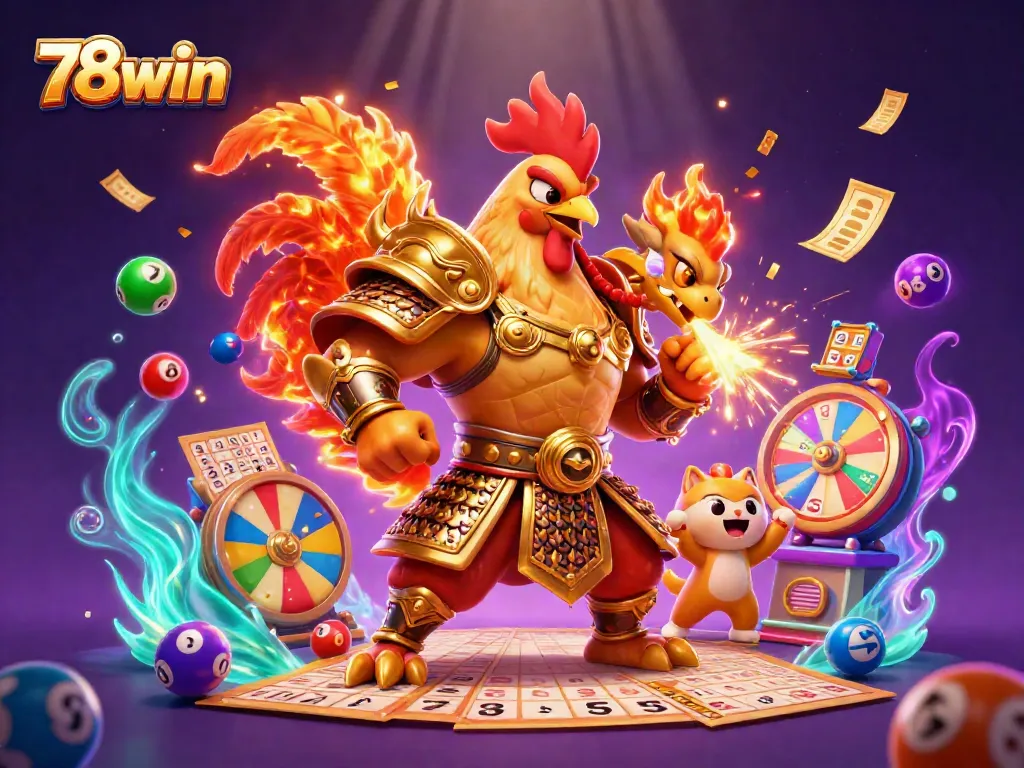 Engage in thrilling games with 78win, showcasing vibrant lottery elements and unique characters.