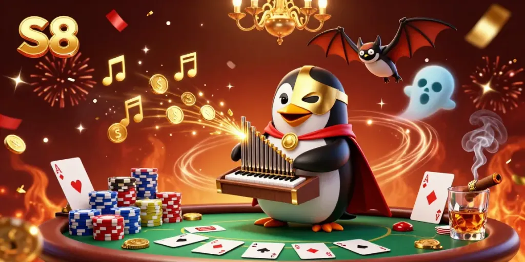 Engaging S8 casino theme illustration showcasing a penguin playing organ, coins flying, and poker elements.