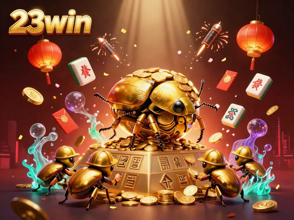 A massive golden dung beetle rolls coins in a detailed illustration for 23win, featuring vibrant casino elements.