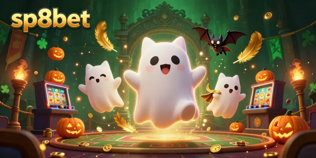 Experience the thrilling world of sp8bet with a ghost cat and vibrant jack-o-lanterns in a haunted casino scene.