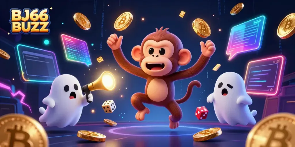 Engage with BJ66 BUZZ as a poltergeist monkey and ghost-hunter puppy animate a haunted casino scene.