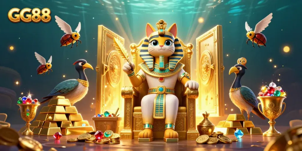 Experience excitement with GG88 at the center of a casino treasure scene, showcasing gold, gems, and dynamic gaming elements.