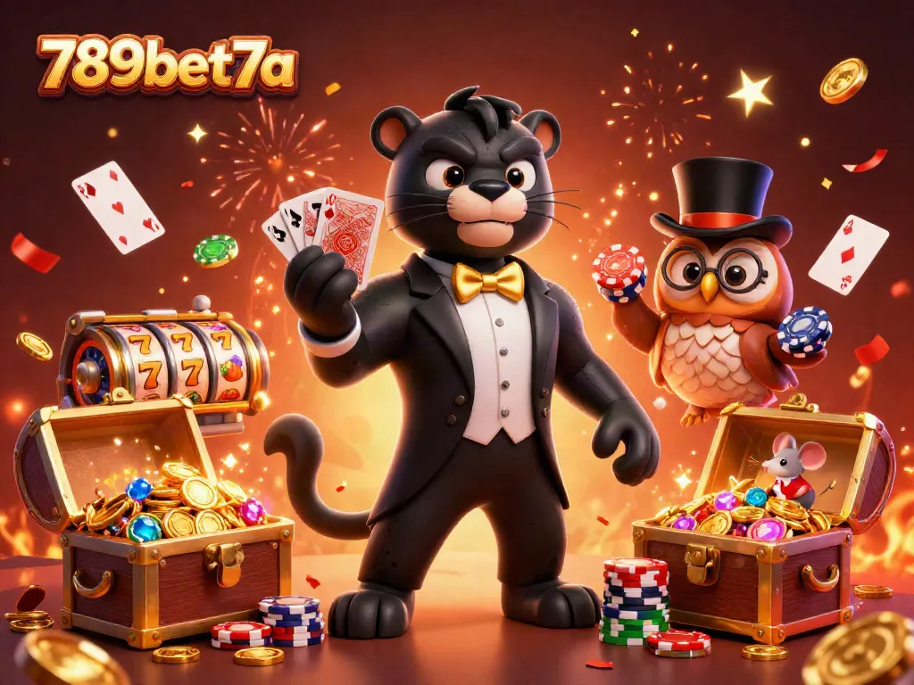 Engage with 789bet7a's exciting casino scene captured in a vibrant 3D illustration showcasing card games and dynamic slots.