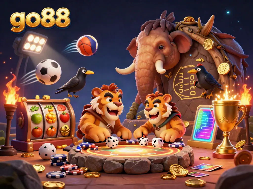 Experience excitement at go88's extraordinary casino scene featuring a caveman duo, dynamic elements, and vibrant colors.