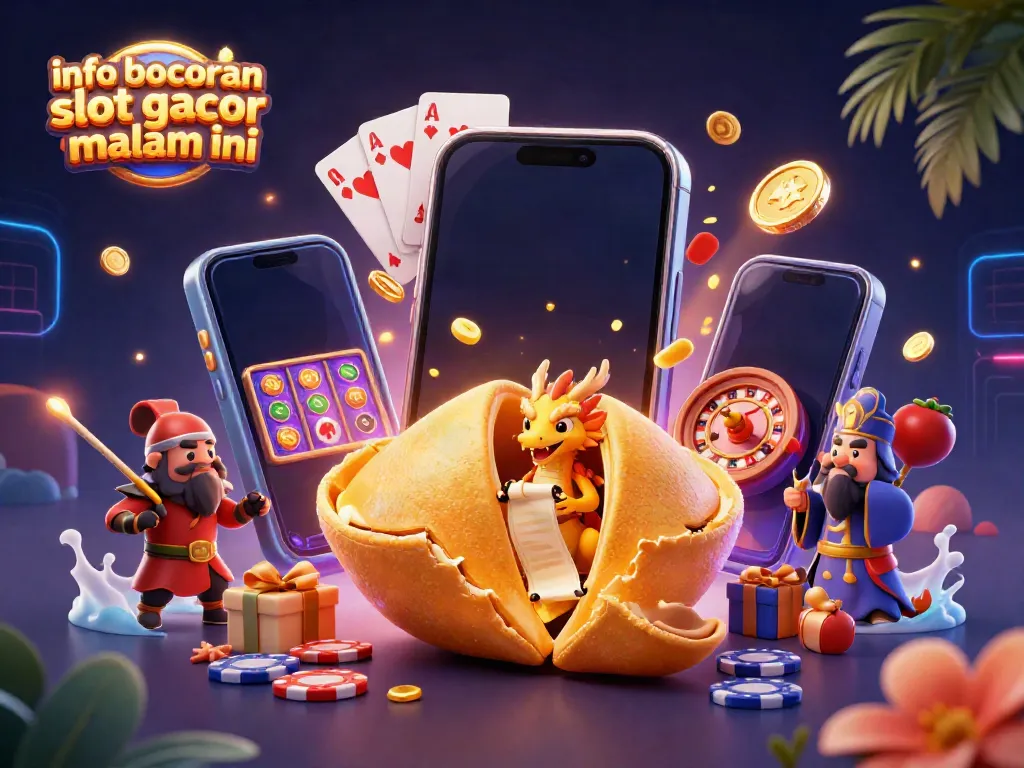 Gambarkan info bocoran slot gacor malam ini dengan ilustrasi 3D yang kaya detail dan elemen permainan.