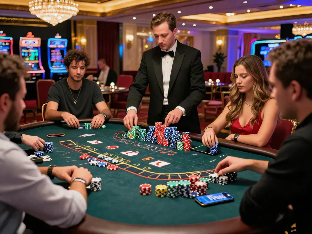 Spieler im casino belge avec itsme, die an einem Tisch spielen und mit Smartphones interagieren.