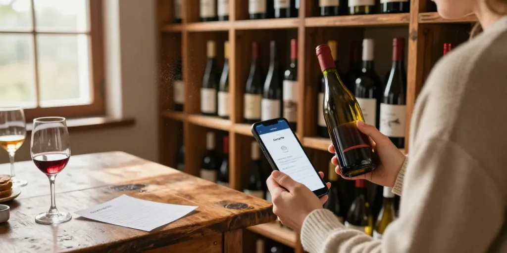 Die App Gustofolio zur Weinsammlung verwalten durch persönliche Inspektion von Flaschen in einem gemütlichen Weinkeller.