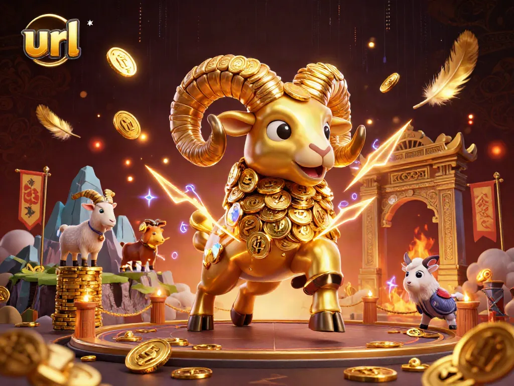 Experience thrilling gaming action at url with a dynamic 3D scene featuring a charging golden ram and casino elements.