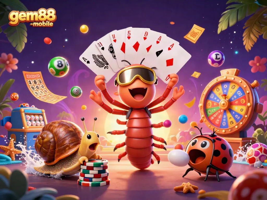 Experience exciting gameplay at gem88-mobile with vibrant 3D illustrations featuring casino characters and elements.