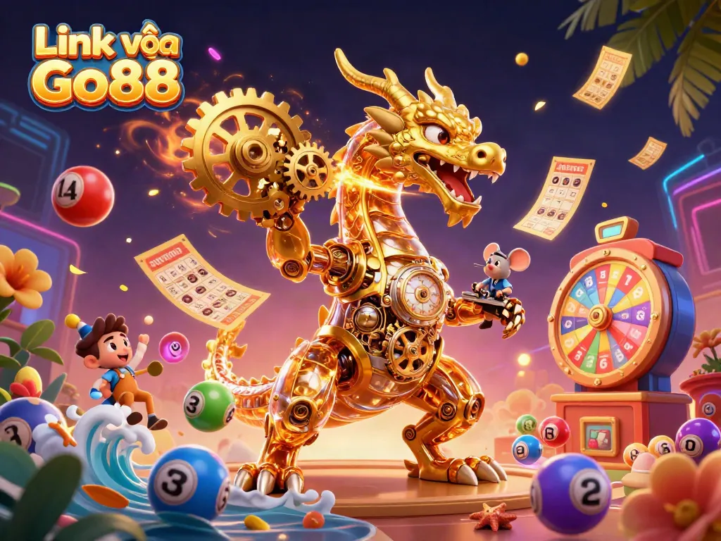 Engage in thrilling gaming adventures with Link vào Go88 featuring a golden dragon and vibrant lottery elements.