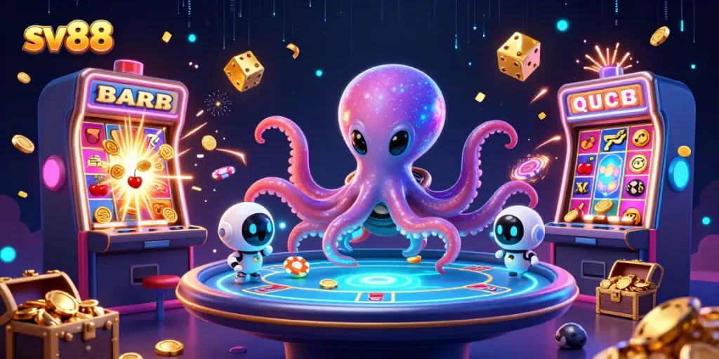 sv88 alien octopus operating a holographic poker table surrounded by floating gaming elements.