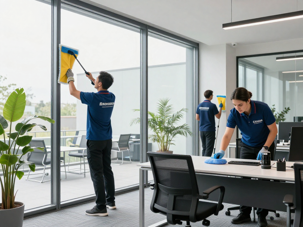 Büroreinigung Göttingen: Professionelles Reinigungsteam putzt Glasfenster in modernem Büro.